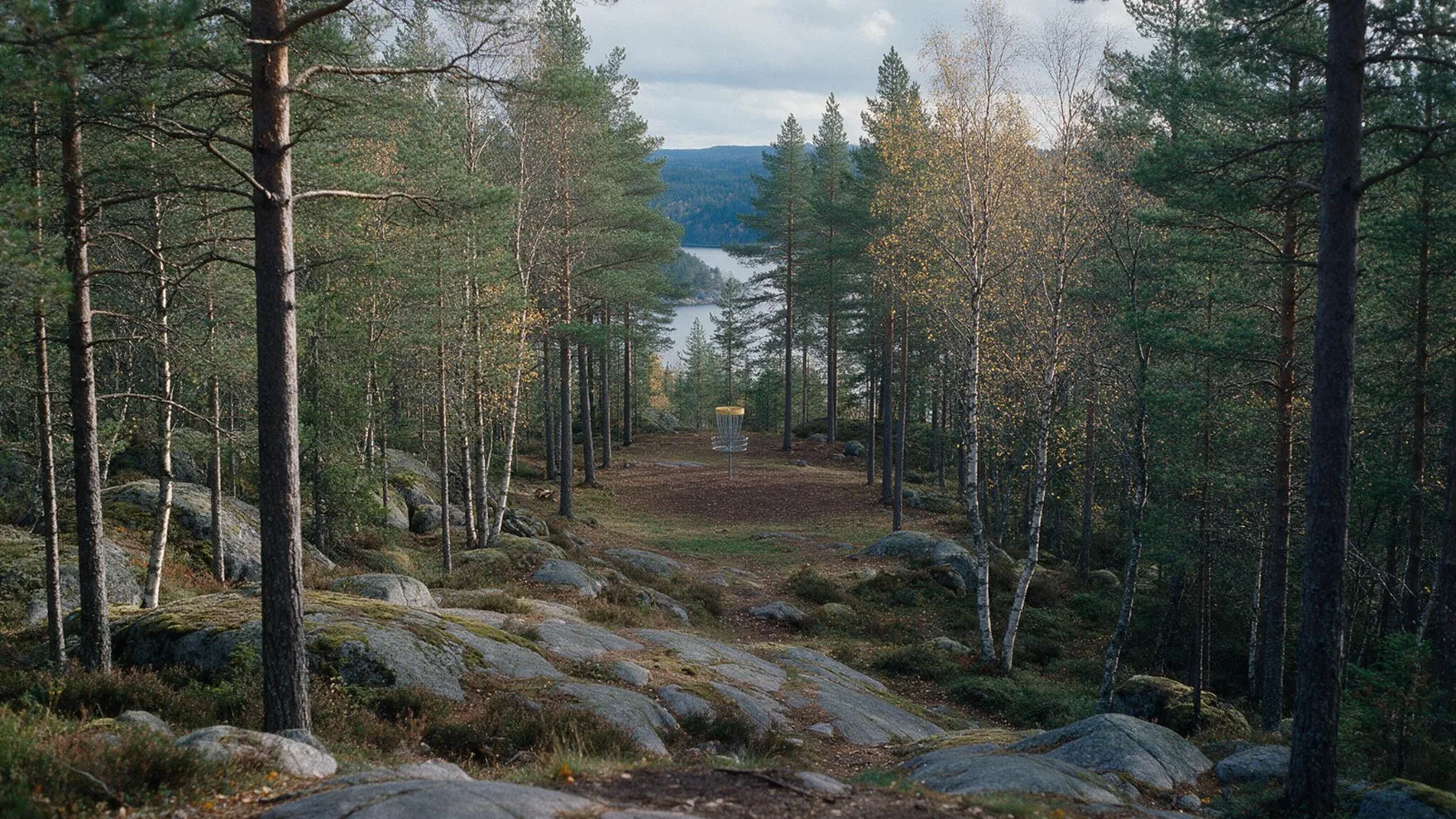 Utsikt fra en tee-matte ned en fairway mellom furu og bjørk på en norsk skogsbane, med kurven og et vann i bakgrunnen