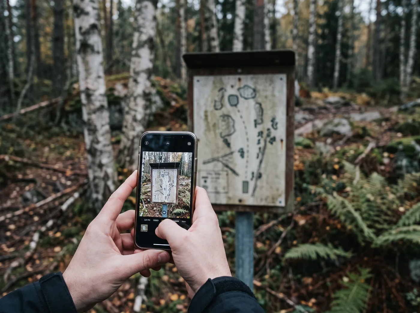 Hender som tar bilde av et tee-skilt med hullkart med mobilen, i skogen