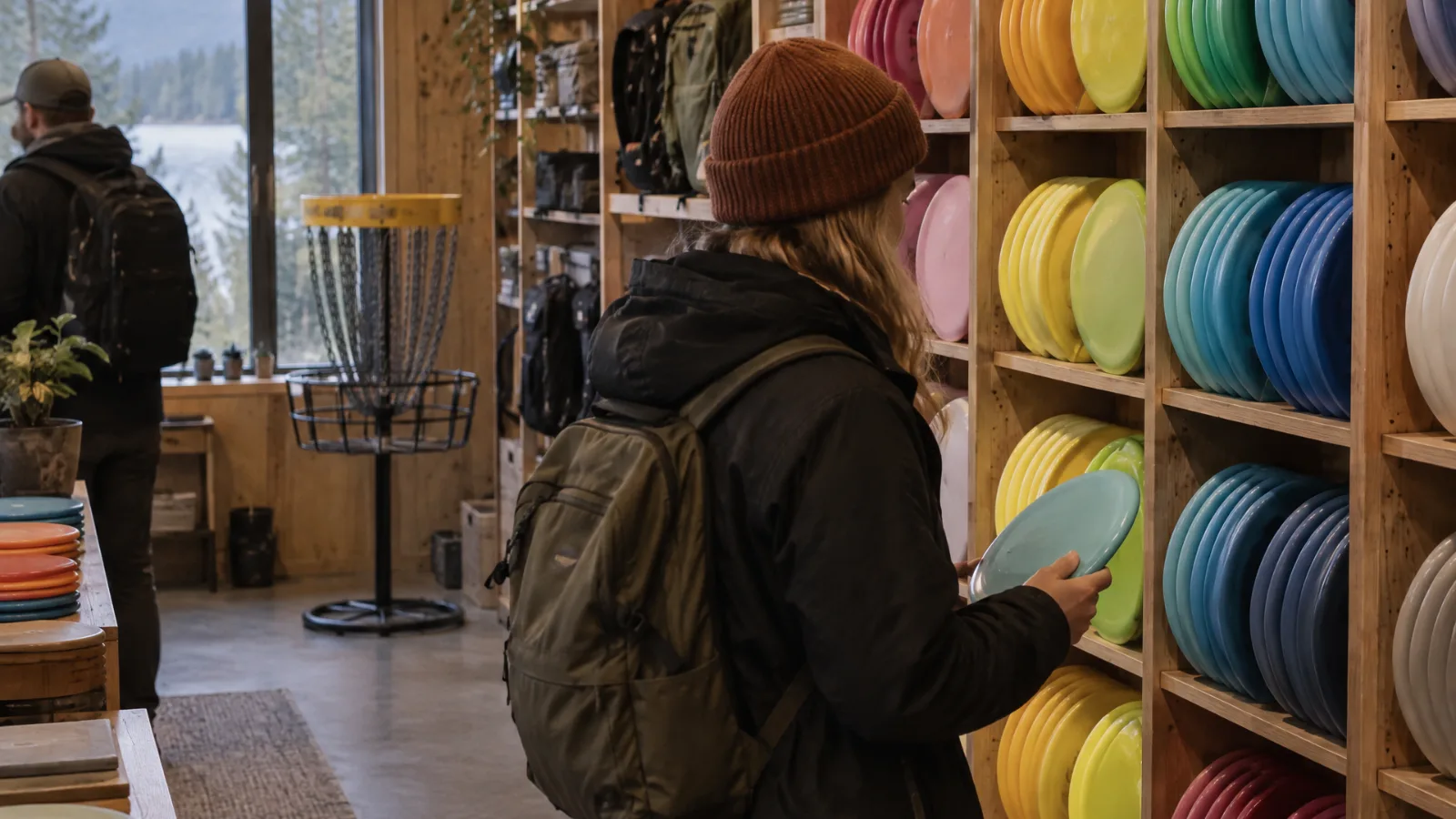 Kunde med lue og ryggsekk velger disk fra en vegg med fargerike disker i en liten discgolfbutikk med trepaneler og kurv ved vinduet