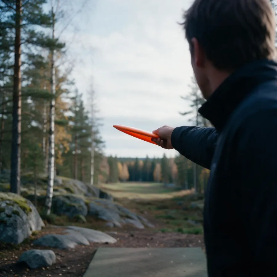 Spiller sett bakfra holder en oransje disk i slipposisjon med ytterkanten vippet opp (anhyzer)