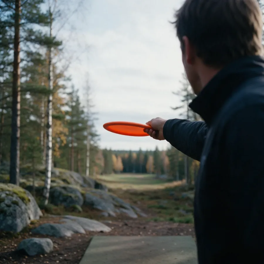 Spiller sett bakfra holder en oransje disk helt vannrett i slipposisjon, med fairway og horisont foran