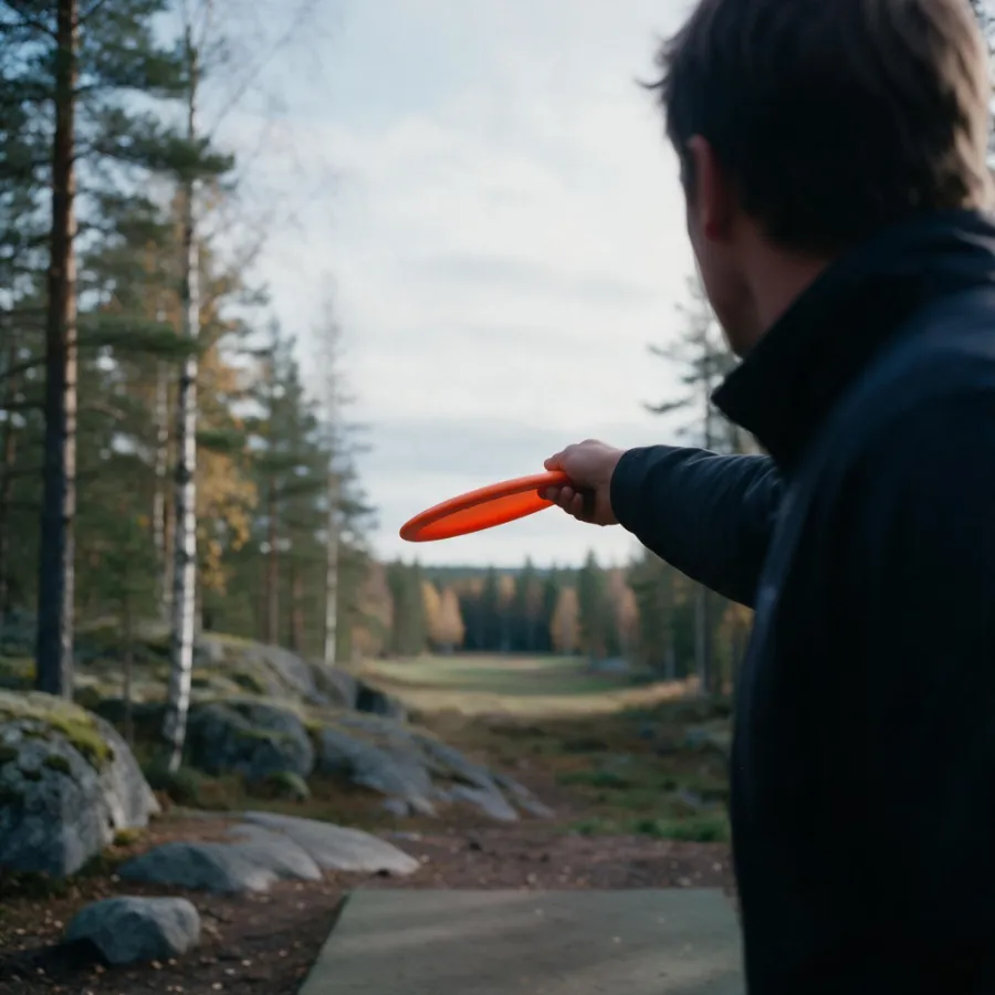 Spiller sett bakfra holder en oransje disk i slipposisjon med ytterkanten vippet ned mot venstre (hyzer)