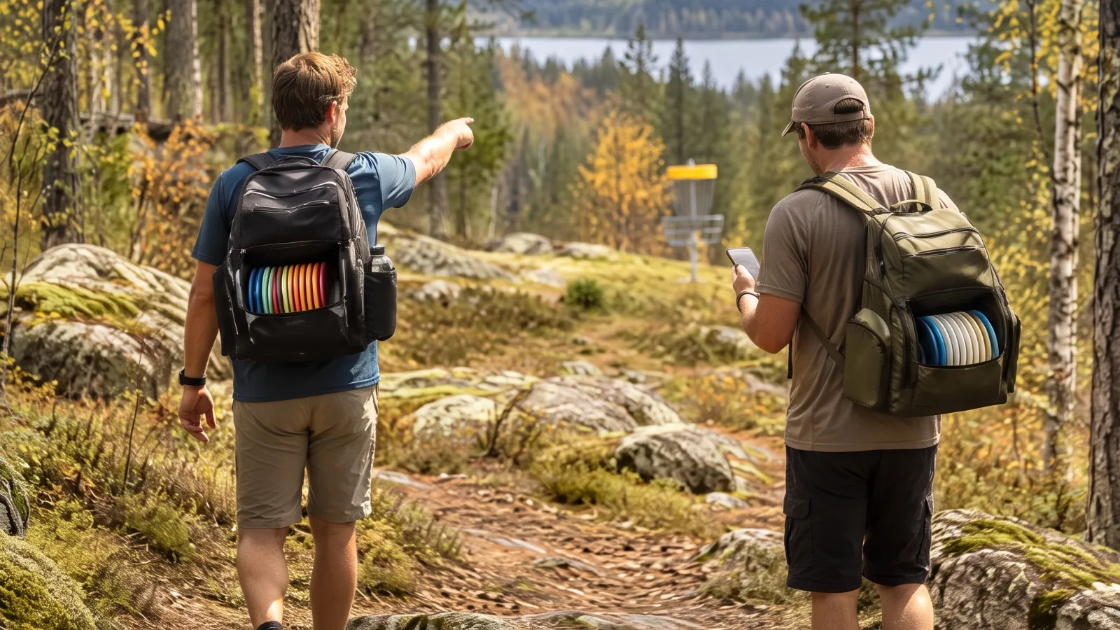 To discgolfspillere med bager går nedover en skogsfairway mot kurven; den ene peker framover, den andre ser på mobilen