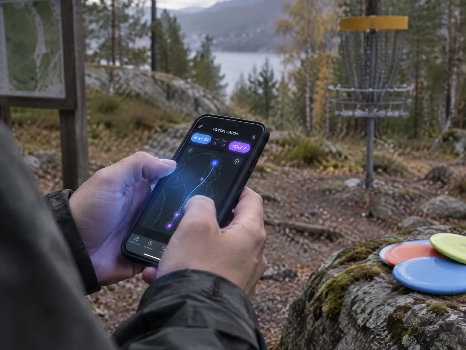 Spiller holder mobilen ved starten av en skogsbane, med kurv, baneskilt og disker på en stein i bakgrunnen