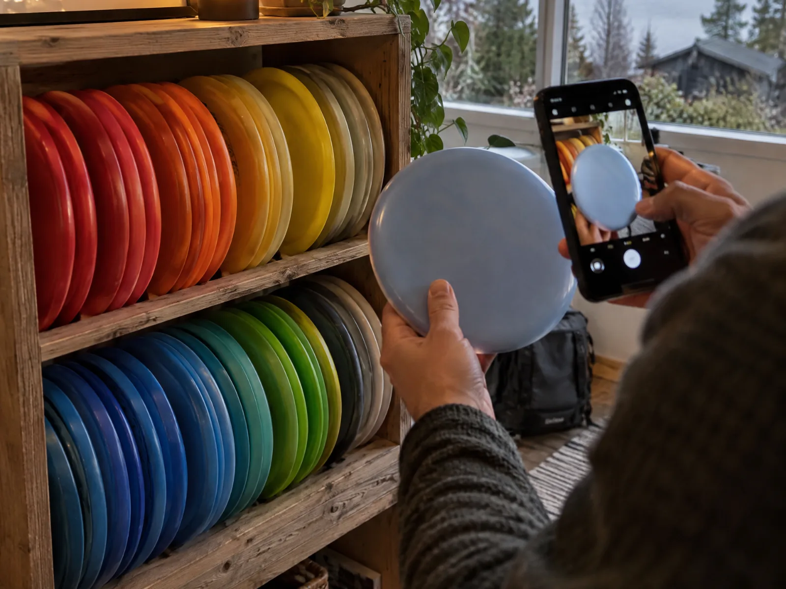Spiller tar bilde av en disk med mobilen foran en hylle full av disker i alle farger hjemme