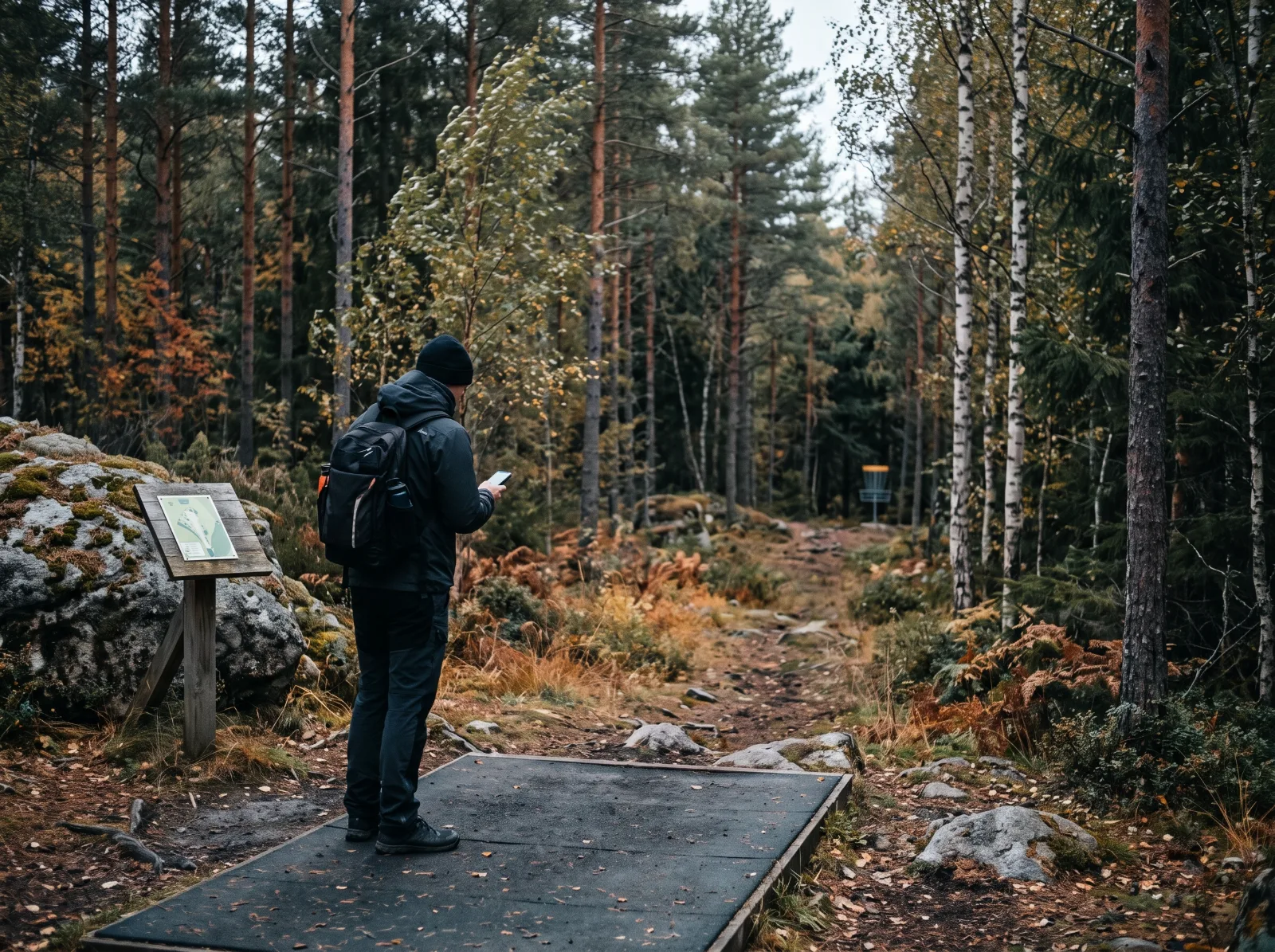 Spiller står på tee i skogen og ser på mobilen, med kurven langt framme på fairwayen